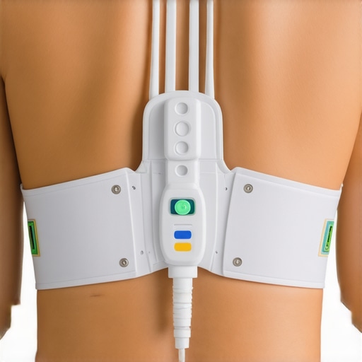 A person wearing a sleek wearable device designed for spinal health tracking.