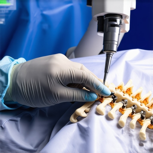 A surgeon using robotic tools for minimally invasive spine surgery