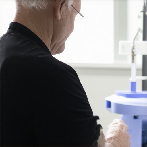 Senior patient and doctor discussing spine surgery options in a clinic.