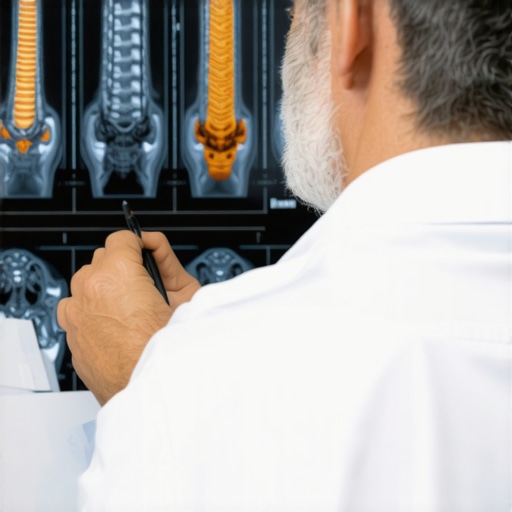 Doctor analyzing MRI scans of the spine with herniated discs and hardware complications.