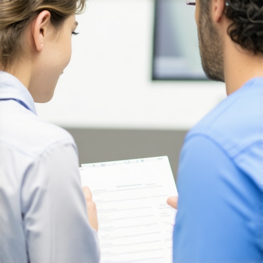 Patient discussing spine surgery options with a surgeon in a clinical environment.
