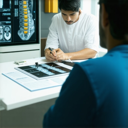 Spine consultation with a surgeon Patient discussing spine surgery options with a doctor in a clinic