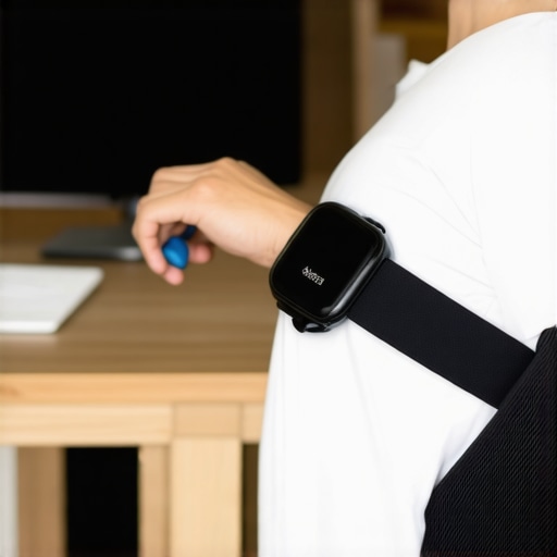 Individual at a desk wearing a posture device to prevent back strain