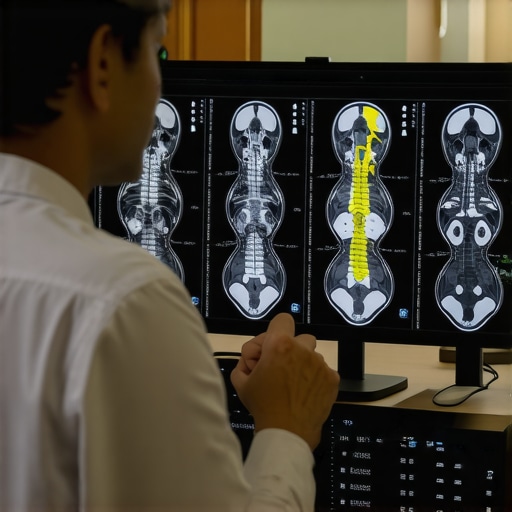 Medical professional explaining spinal imaging results to a patient in a clinic