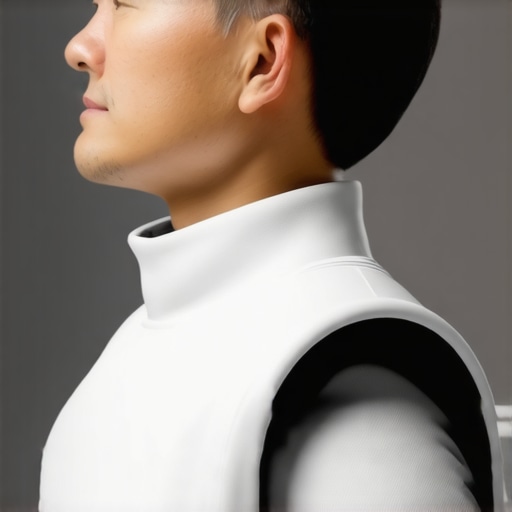 A person using a cervical traction device at home for neck pain relief.