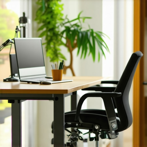 A modern ergonomic workspace featuring an adjustable standing desk and supportive chair to promote spinal health.