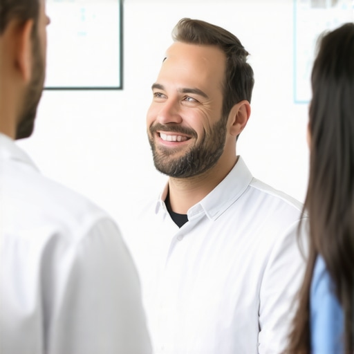 Spine surgeon discussing treatment options with a patient in a medical office.