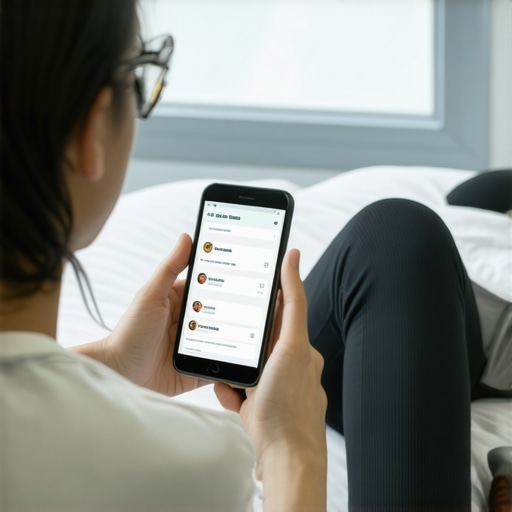 Monitoring Spine Health with Tech Person using a smartphone app for spinal health tracking in a home therapy setting.