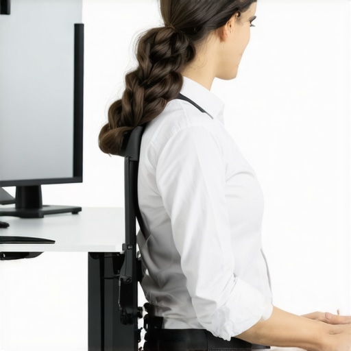 Individual using a smart posture correction device at a workstation to maintain spinal health
