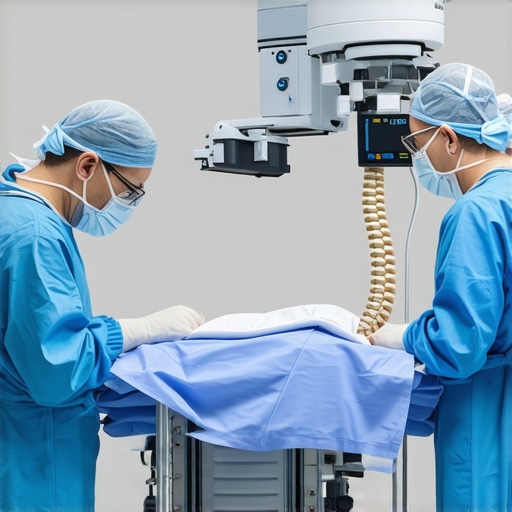 Robotic spine surgery equipment in use during a procedure