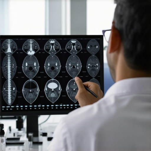 A spine surgeon explaining MRI results to a patient in a contemporary medical setting.