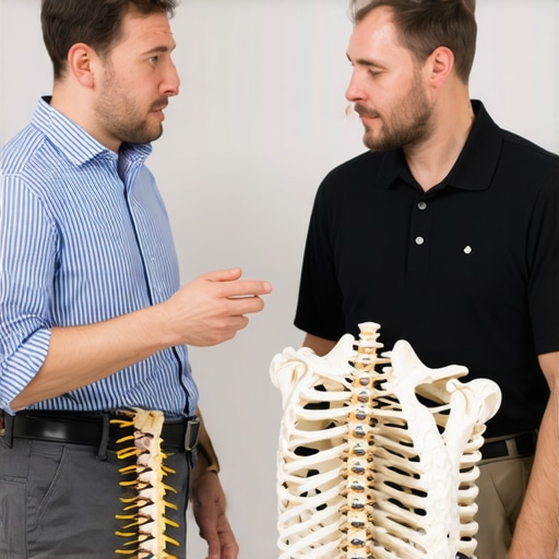 Doctor explaining spine surgery options using 3D models