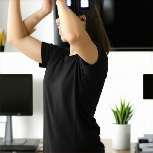 Individual practicing posture correction using biofeedback technology at home.