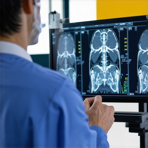 Spine surgeon examining MRI images during consultation.